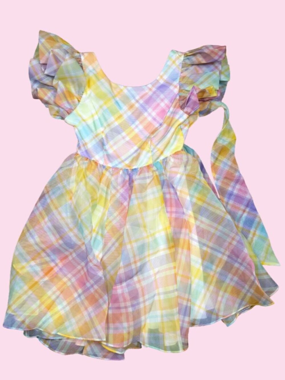 Selkie x Maison Amory Rainbow Glow Heavenly Mini Dress XS Pastel Plaid Puff